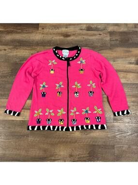 Quacker Factory Pink Cardigan Sweater 3D Embroidered Twee Teacher Potted Plants